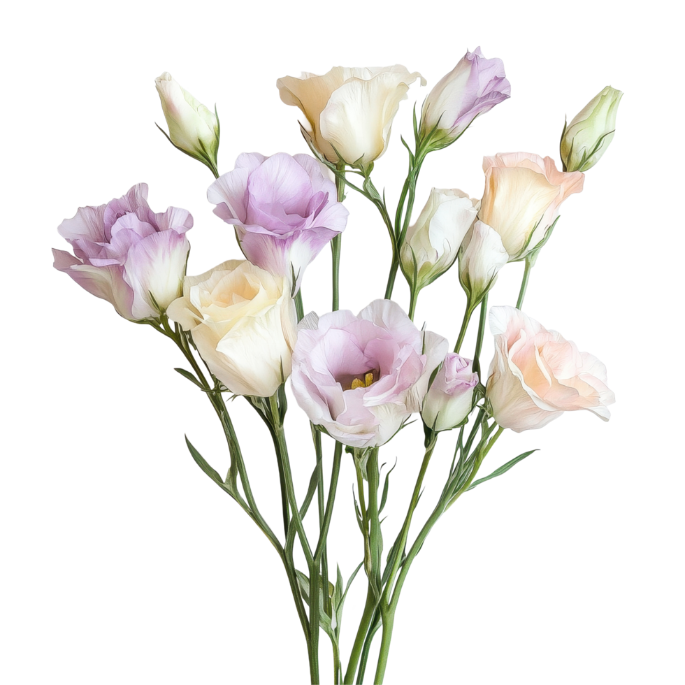 Beautiful lisianthus flowers arranged with soft pastel petals on a flat Transparent background, Lisianthus flowers flatWhite background png