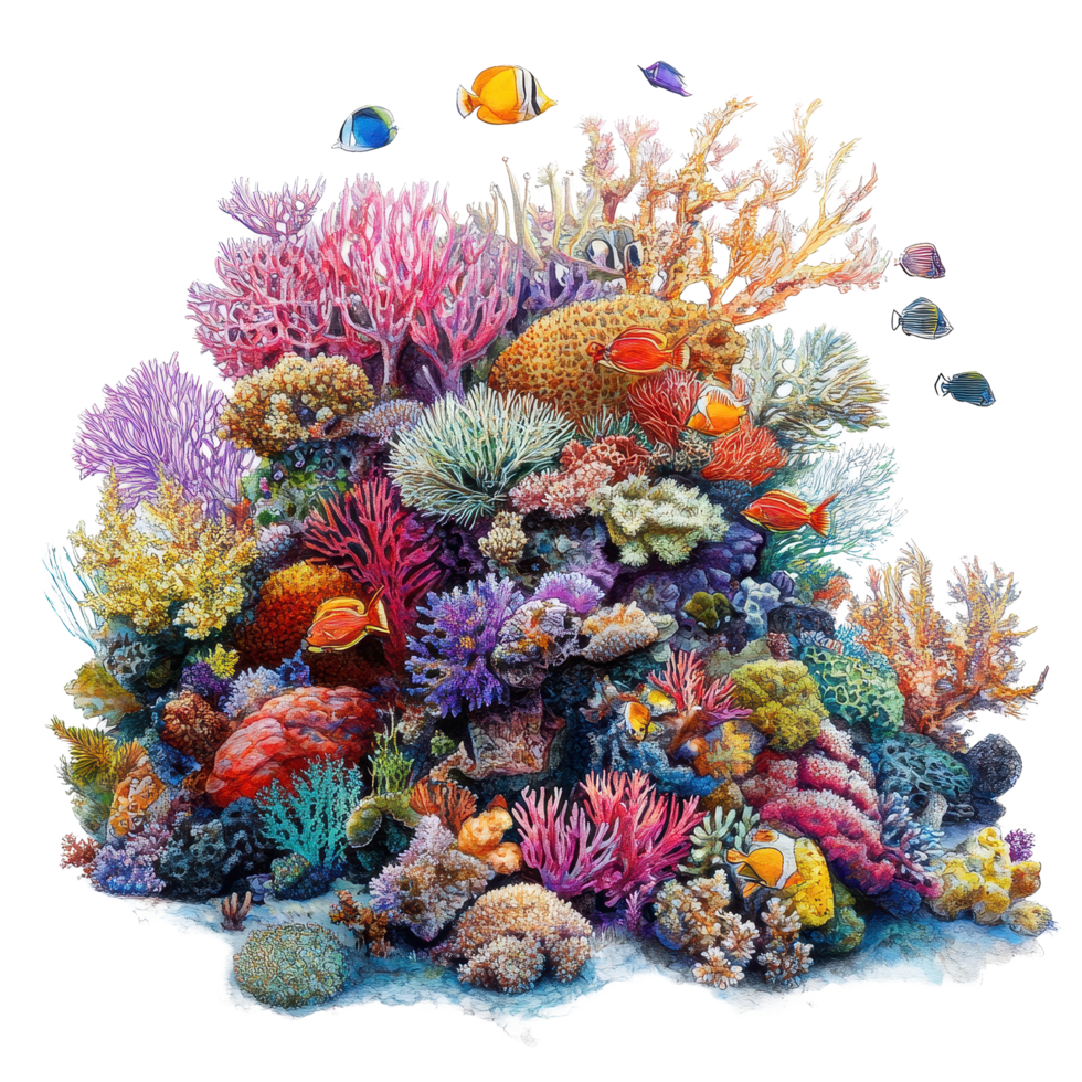 Colorful coral reef teeming with diverse fish species in a vibrant underwater habitat, very colorful coral reef with many different fish Transparent background png