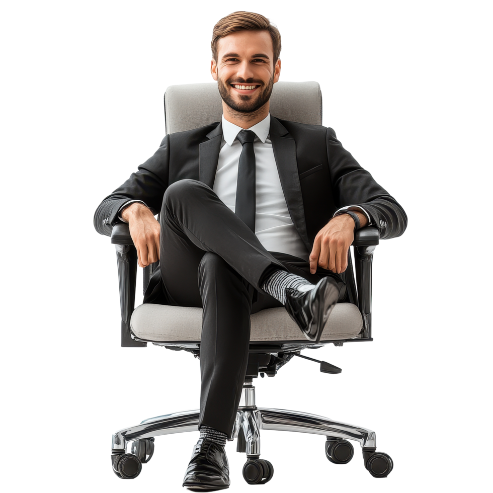 Businessman sitting confidently in office chair while smiling during a professional setting, Businessman Sitting on Office Chair and Smiliing png
