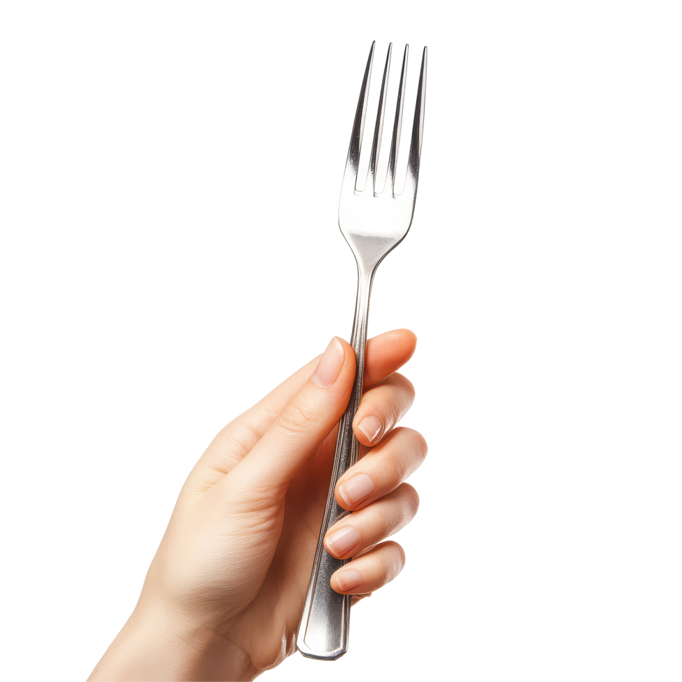 Hand holding a fork against a white background in a simple culinary presentation, Hand holding fork isolated on white background png