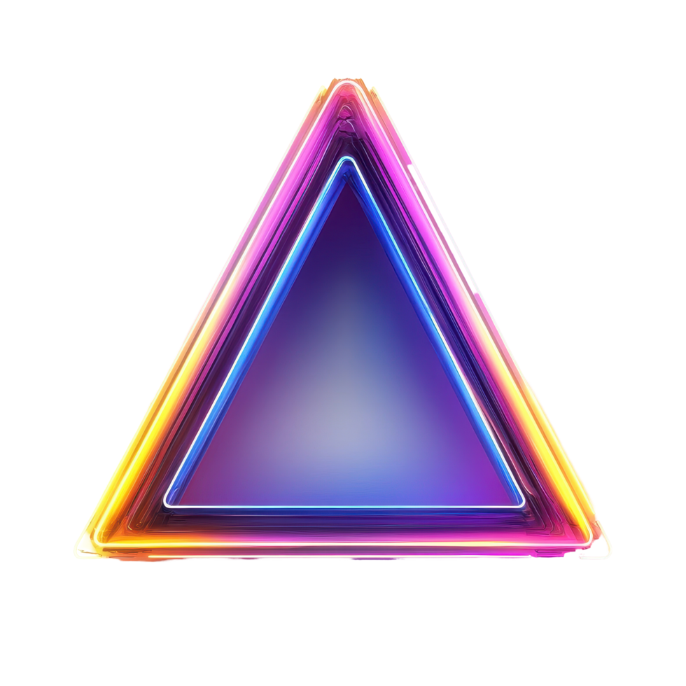 Nostalgic neon triangle in shades of blue and purple with vibrant yellow accents shining in a dim atmosphere, Nostalgic Lightbox Neon Triangle Blue, Purple, Yellow , Transparent background png