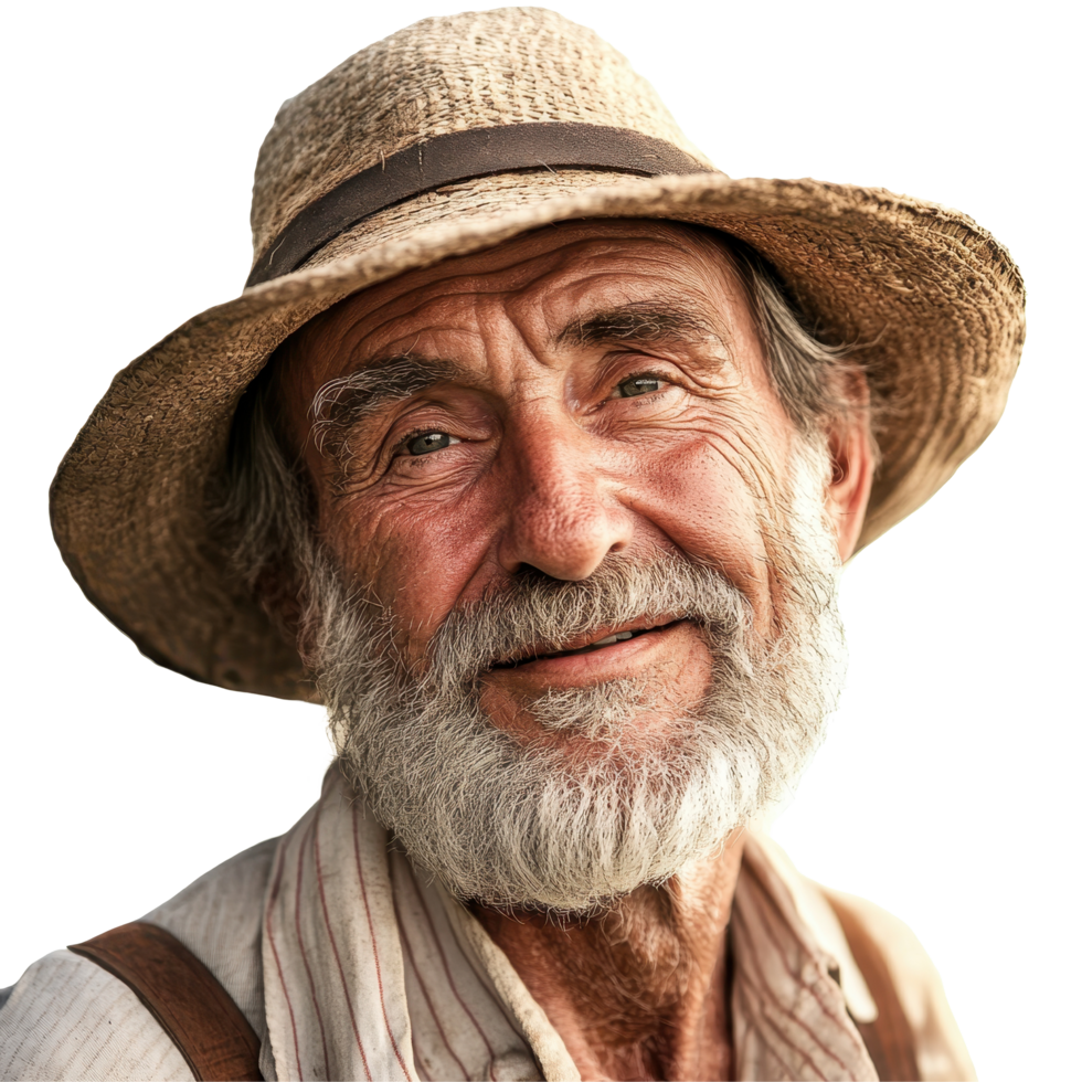 Wise old farmer with a gentle smile against a bright Transparent background, Wise Old Farmer Portrait on background png