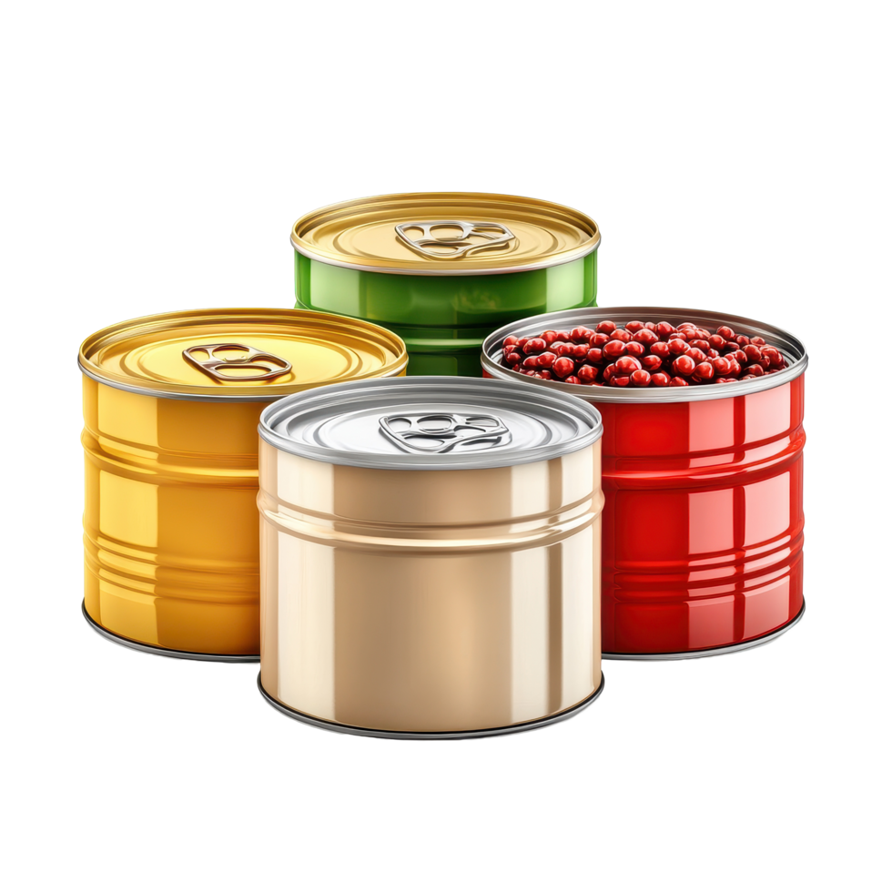 Canned food tins in various colors isolated on a white background showcasing their labels and design variations, Canned food, tin can isolated on white background png