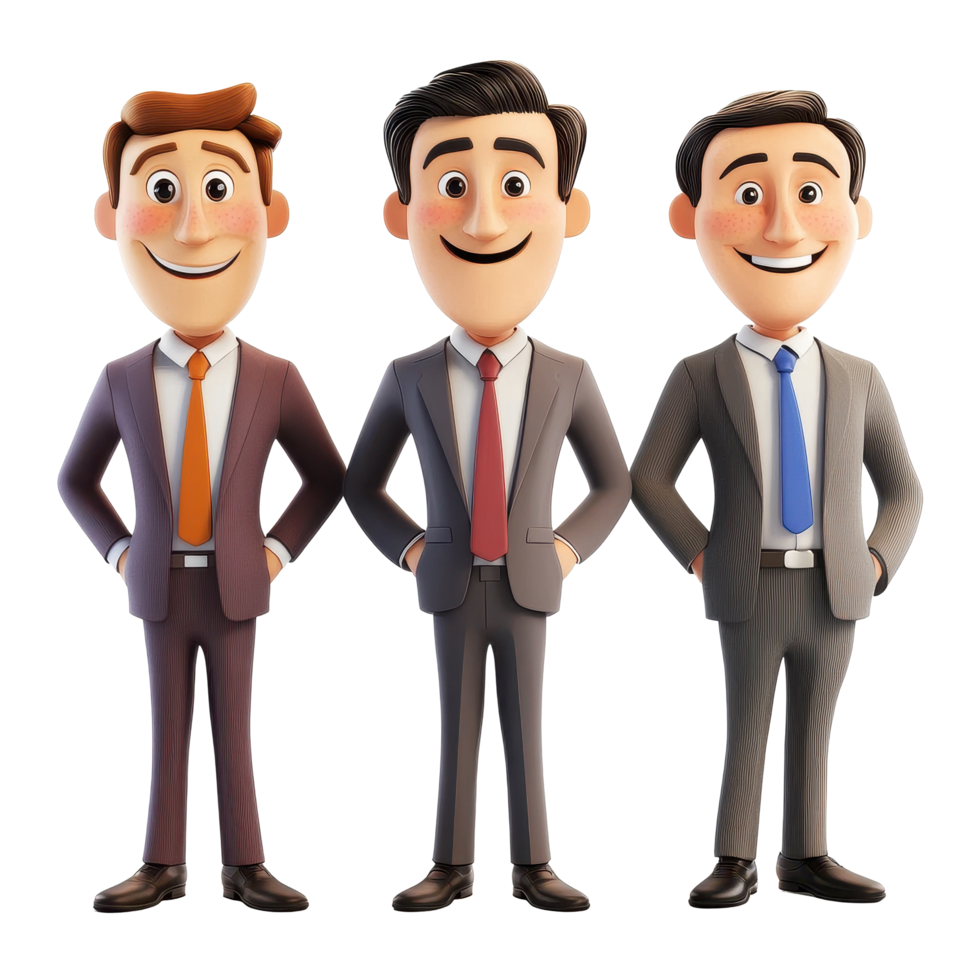 Three vibrant cartoon businessmen in tailored suits stand confidently with cheerful expressions, Three Cartoon Businessman Vibrant Characters Isolated on Transparent background png