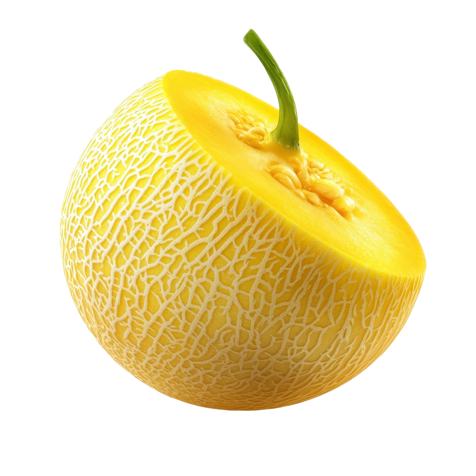 Bright yellow melon isolated on a clean Transparent background showcasing its texture and color, Yellow melon isolated on background png