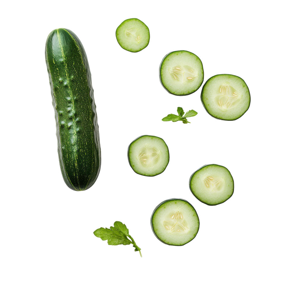Fresh cucumber and sliced pieces arranged on a clean Transparent background for culinary inspiration, cucumber on background png