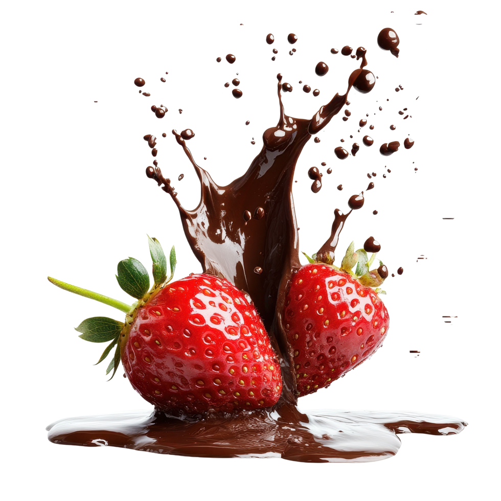 Falling strawberry creating a dynamic chocolate splash in vibrant contrast, falling strawberry with chocolate splash isolated on white background png