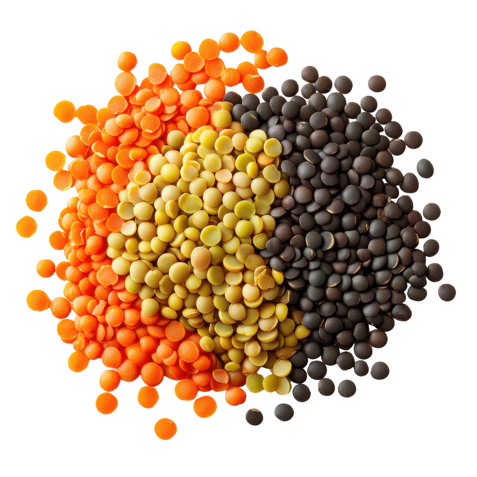 Colorful lentils arranged in a visually appealing pattern on a Transparent background showcasing their diversity, Lentils isolated on background png