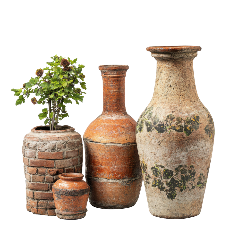 Vintage brick chimney with rustic round pots and a small plant against a neutral backdrop, Vintage Brick Chimney Old Fashioned Round Pots Rustic Antique Style Transparent background png