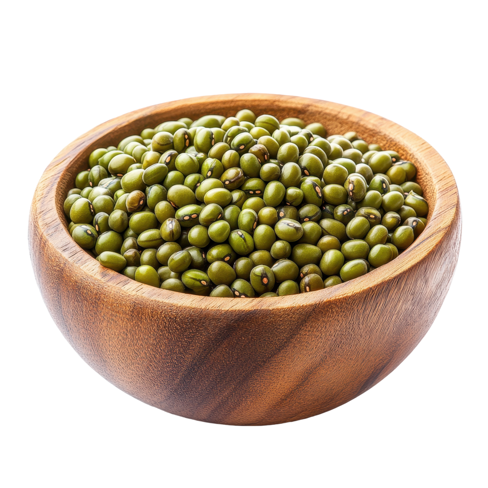 Mung beans in a wooden bowl on a Transparent background showcasing healthy food options, Mung beans in wood bowl isolated on background png