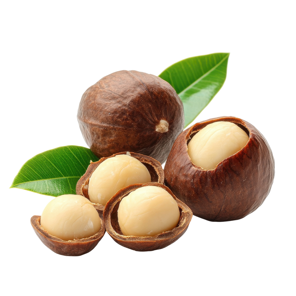 Freshly harvested macadamia nuts with shells and leaves on a Transparent background, Macadamia nuts on background png