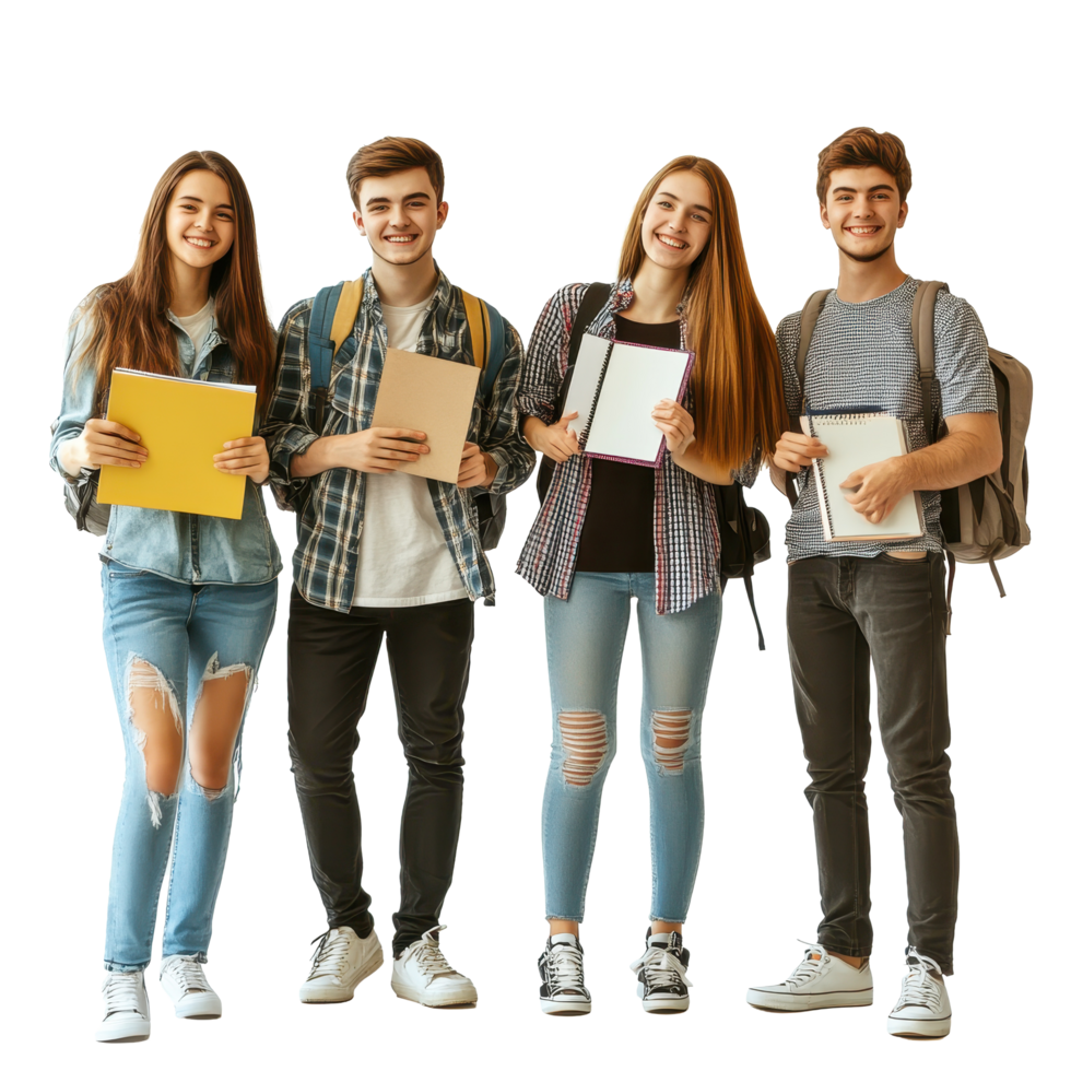 Group of happy students stand confidently with notebooks and backpacks in a bright studio setting, Happy group students standing with notebooks isolated on white backgroundimage png