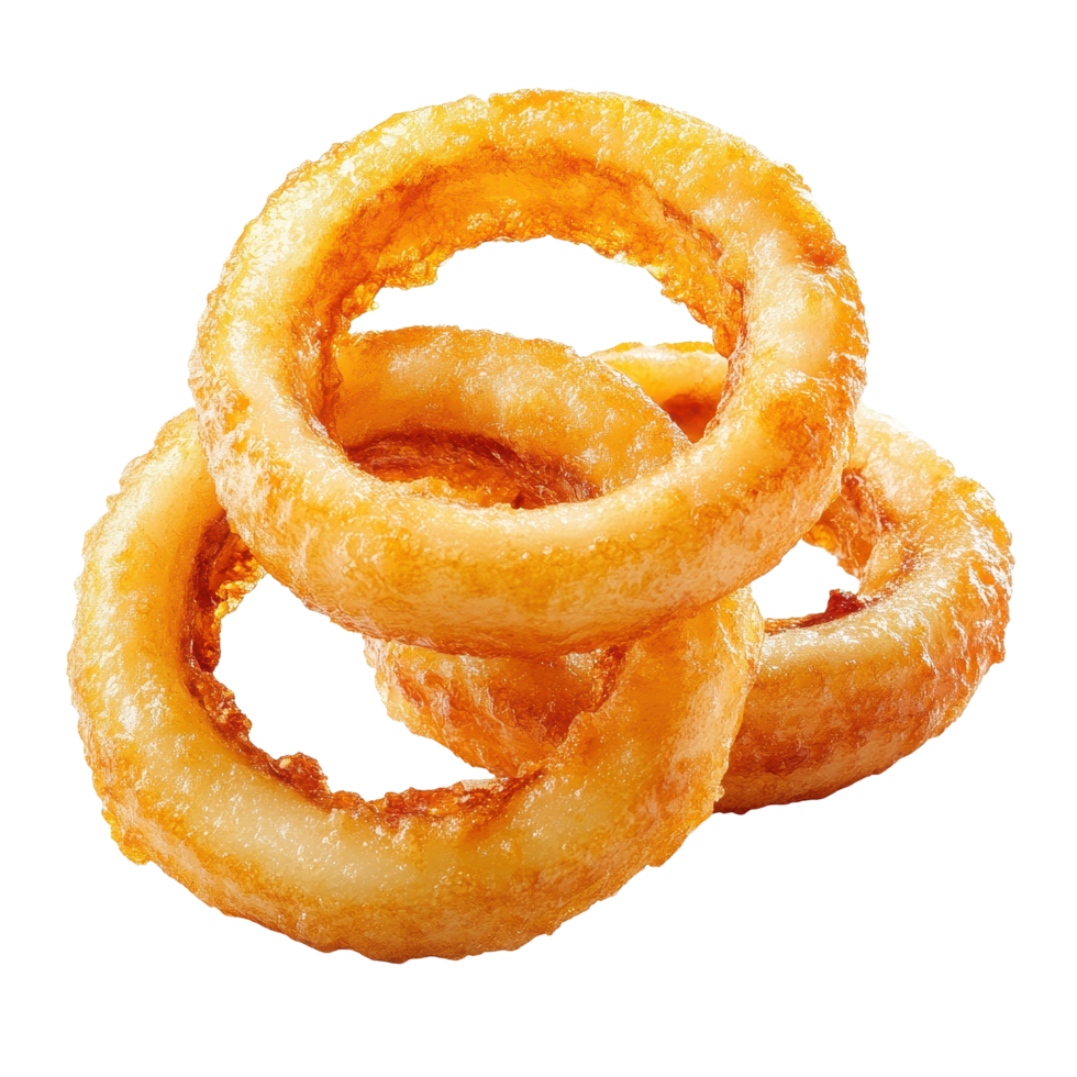 Crispy onion rings piled on a Transparent background showcasing their golden texture and savory appeal, Onion rings isolated on background png