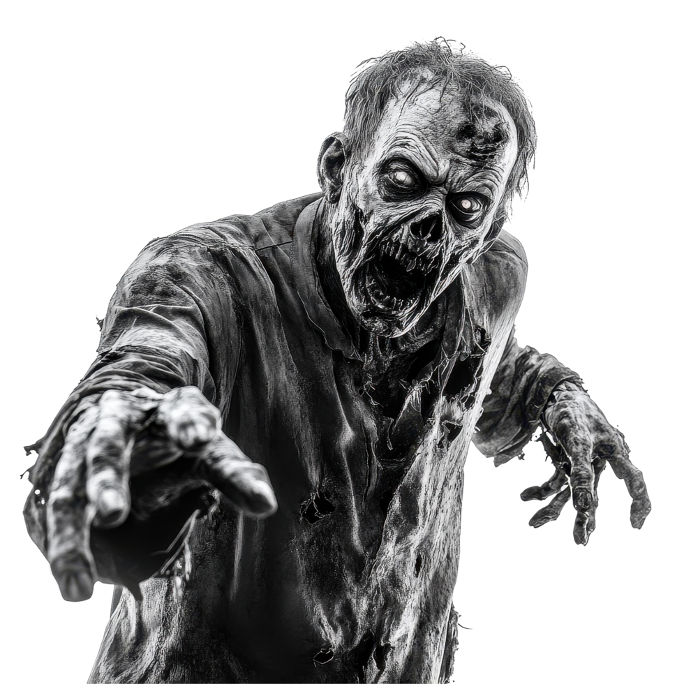 Frightening zombie reaching out with eerie expression against stark Transparent background, Scary Zombie on background Frightening Horror background png