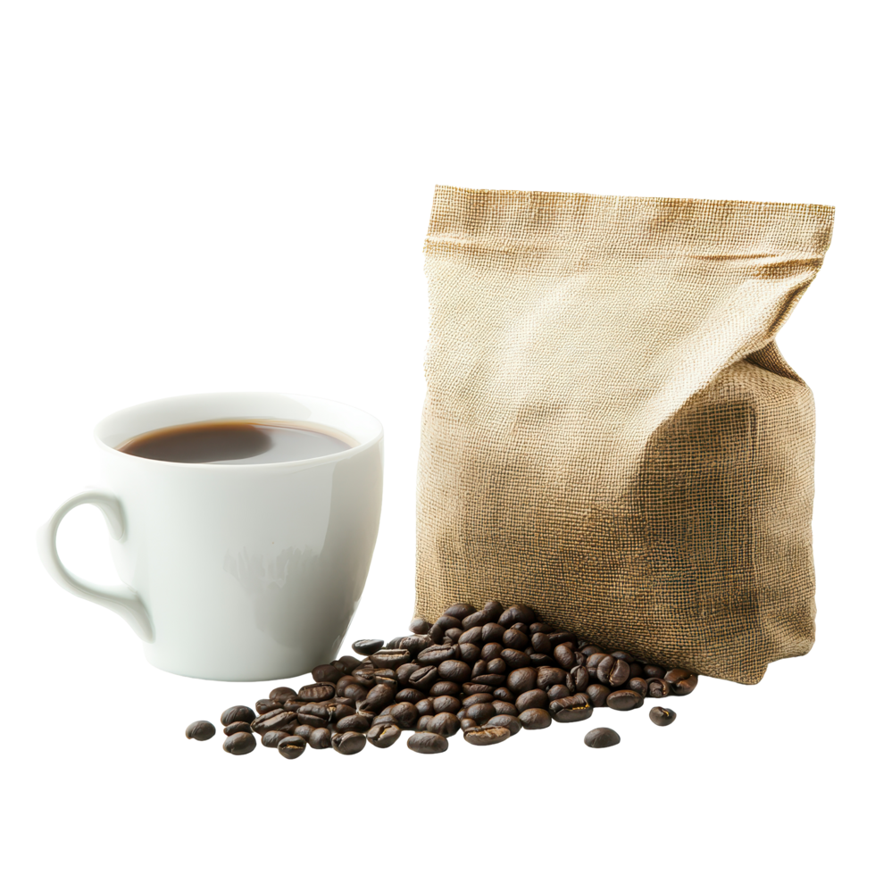 Coffee cup placed beside a bag of roasted beans on a white surface for a cozy caffeine experience, White cup next to coffee beans on brown bag on Transparent background png