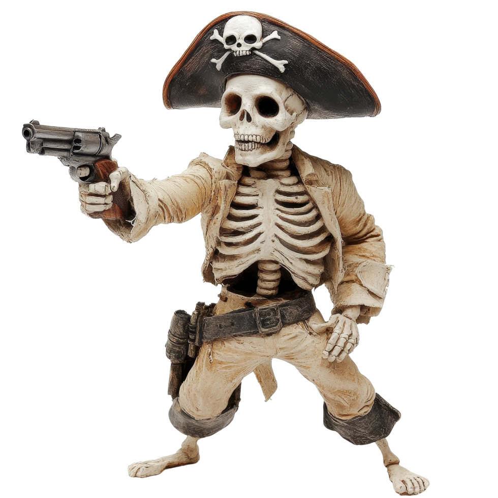 Skeleton pirate armed with a gun poses in a bold and adventurous manner, skeleton wearing a pirate hat and holding a gun, Transparent background png