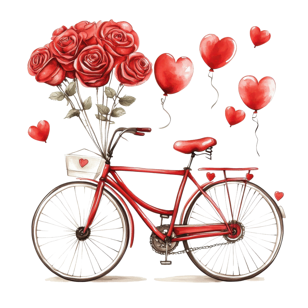 Red bicycle with roses and heart balloons creates a romantic atmosphere for special occasions, clipart a red bicycle with roses, balloons and hearts png