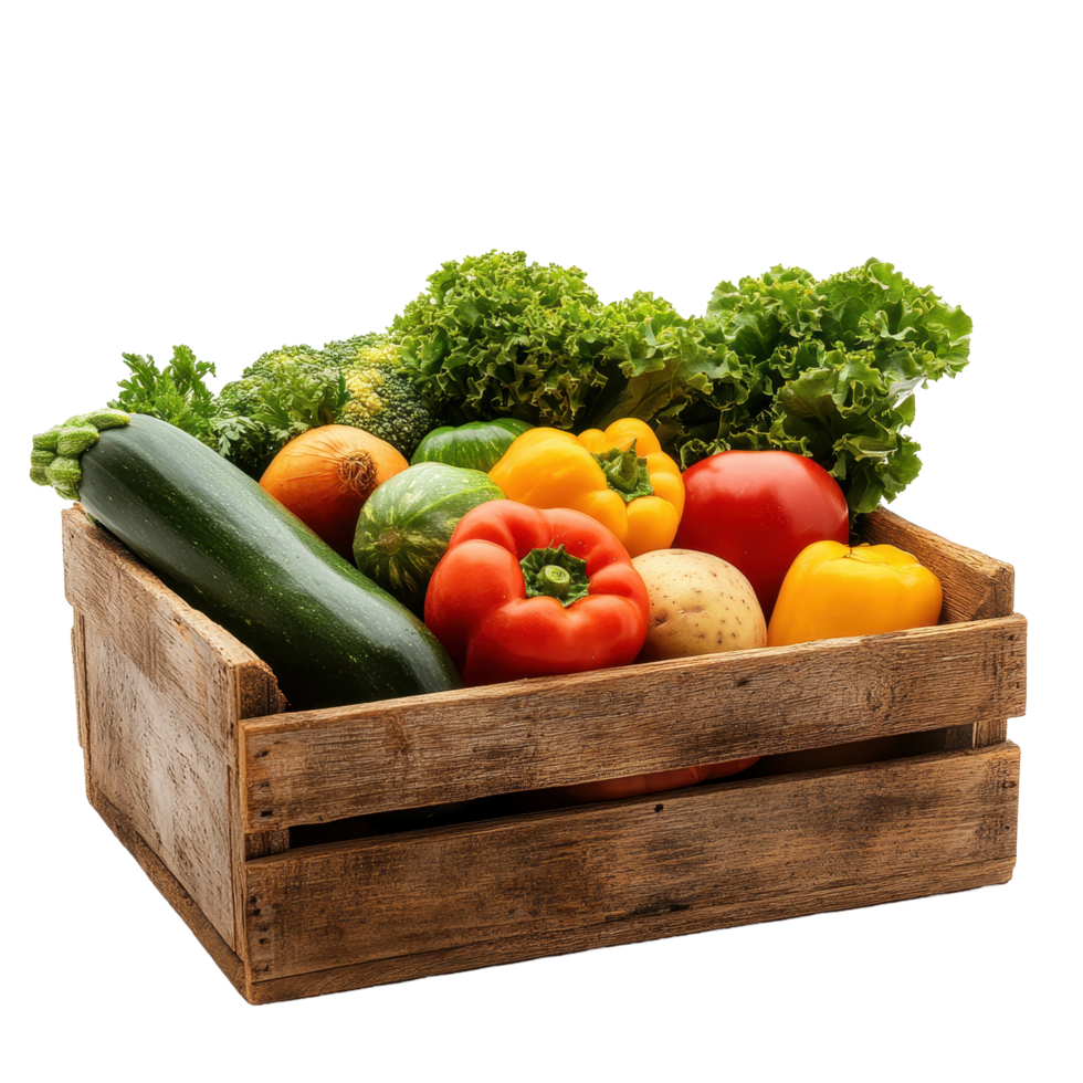 Colorful assortment of fresh vegetables in a wooden box on a bright Transparent background, Wooden Box with Fresh Vegetables on background png