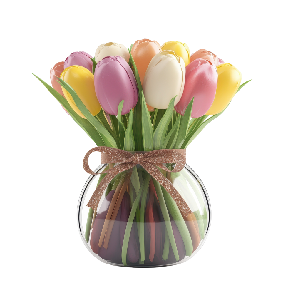 Colorful tulips arranged in a clear glass vase for decorative appeal in a serene setting at any time, Image number 5 with tulips inside and tulips decorated in front, isolated on white background png