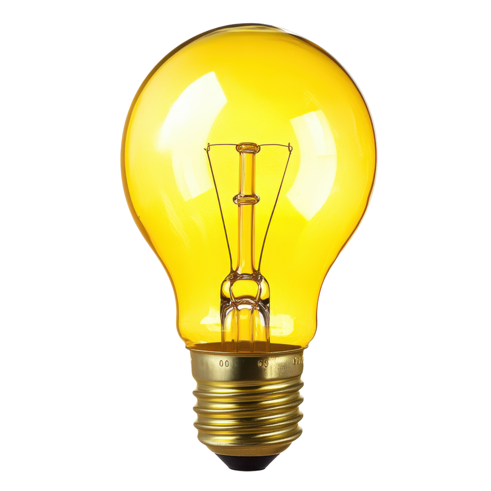 Bright yellow light bulb illuminating a white background in a minimalist style for modern decor, Glowing yellow light bulb on white png