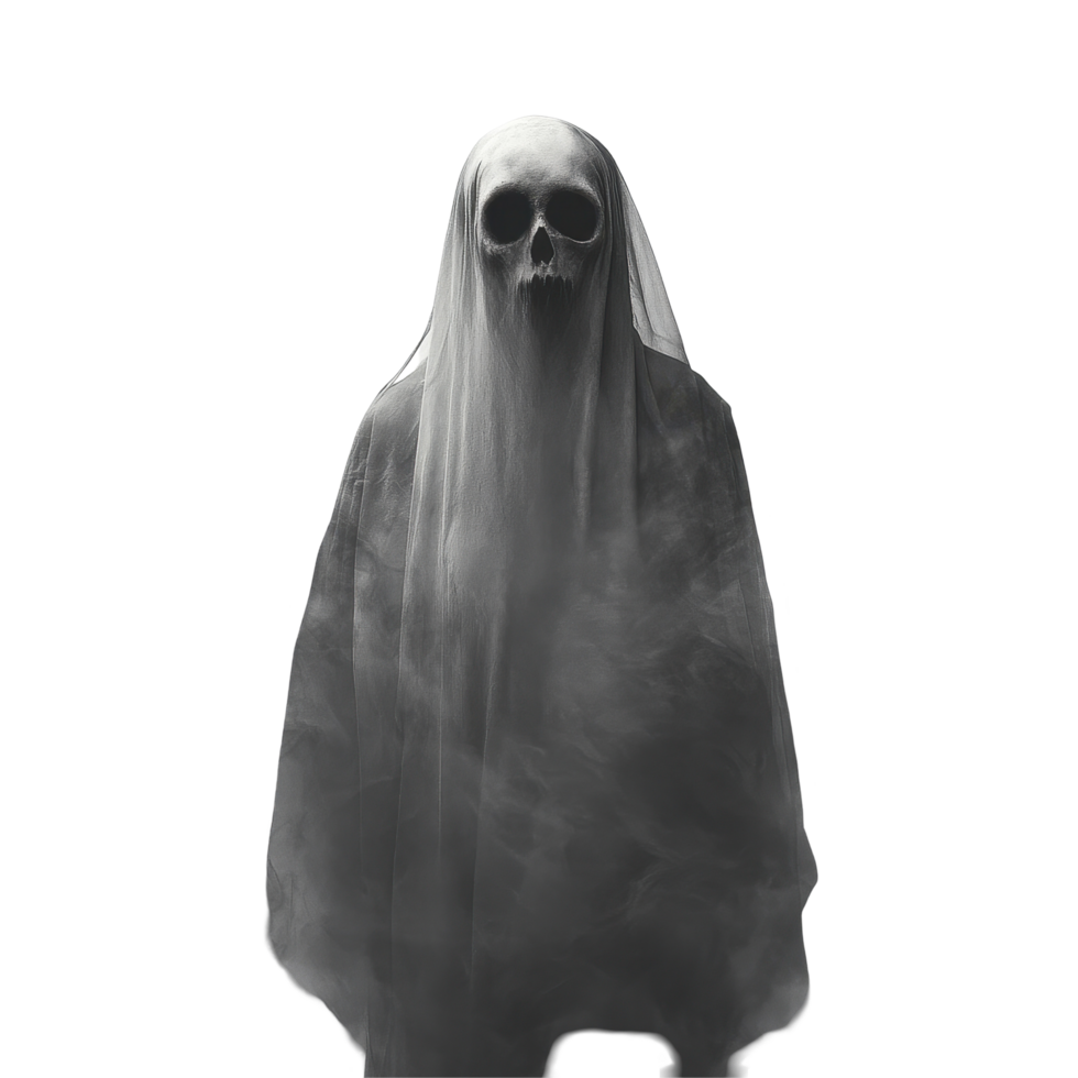 Ghostly figure shrouded in mist on a Transparent background evokes a sense of mystery, paranormal ghost, background png