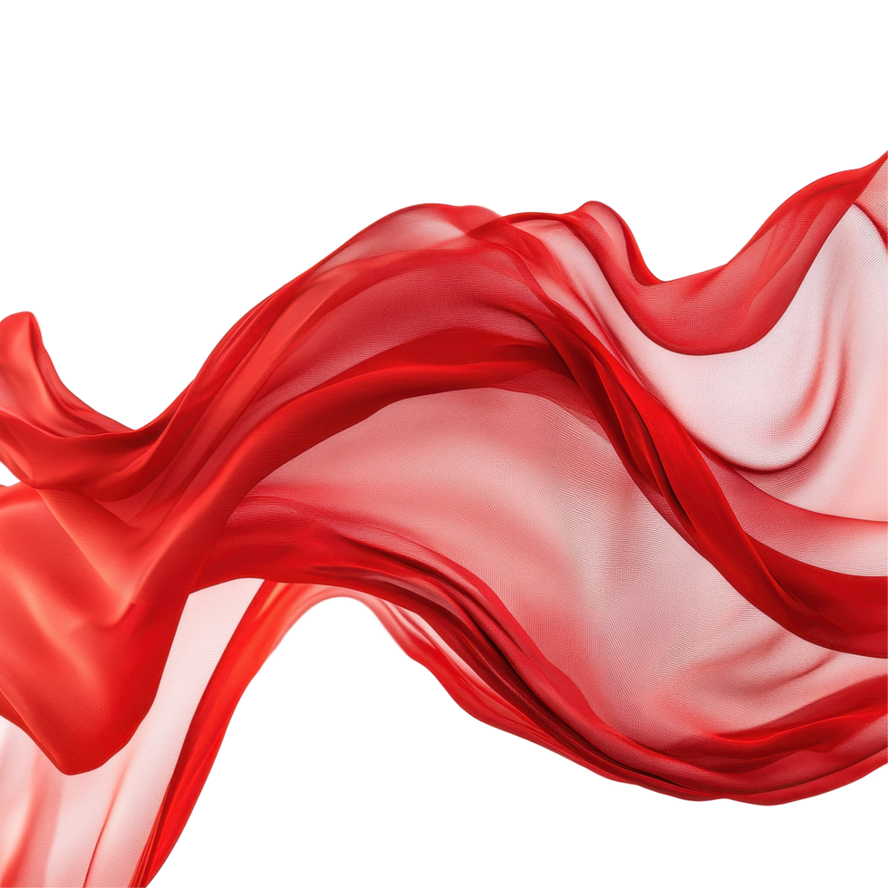 Flowing red wave cloth gracefully drapes against a white background showcasing elegance and movement, Flowing red wave cloth white background png