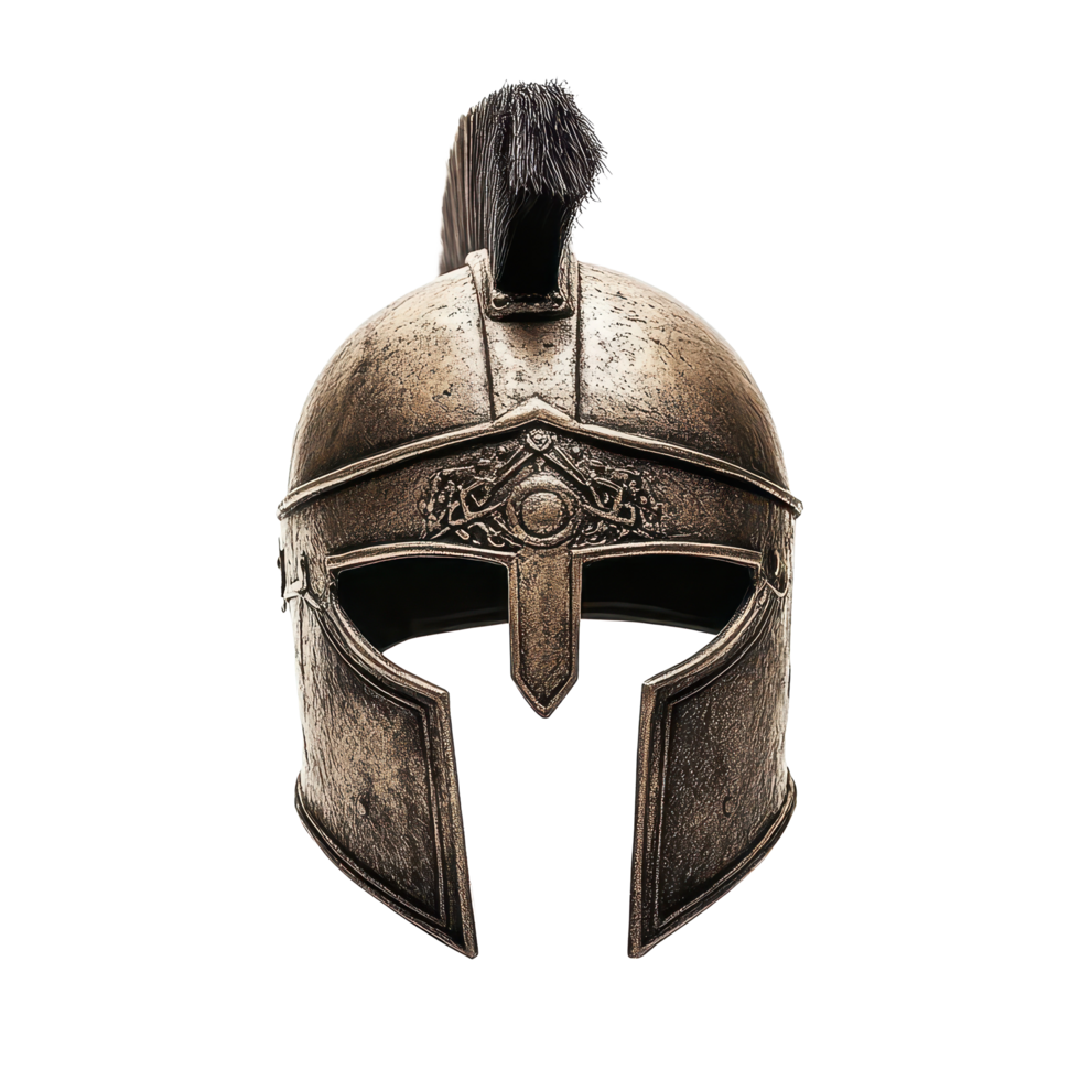 Gladiator helmet with detailed design and plume displayed against a white background, gladiator helmet isolated on white background png