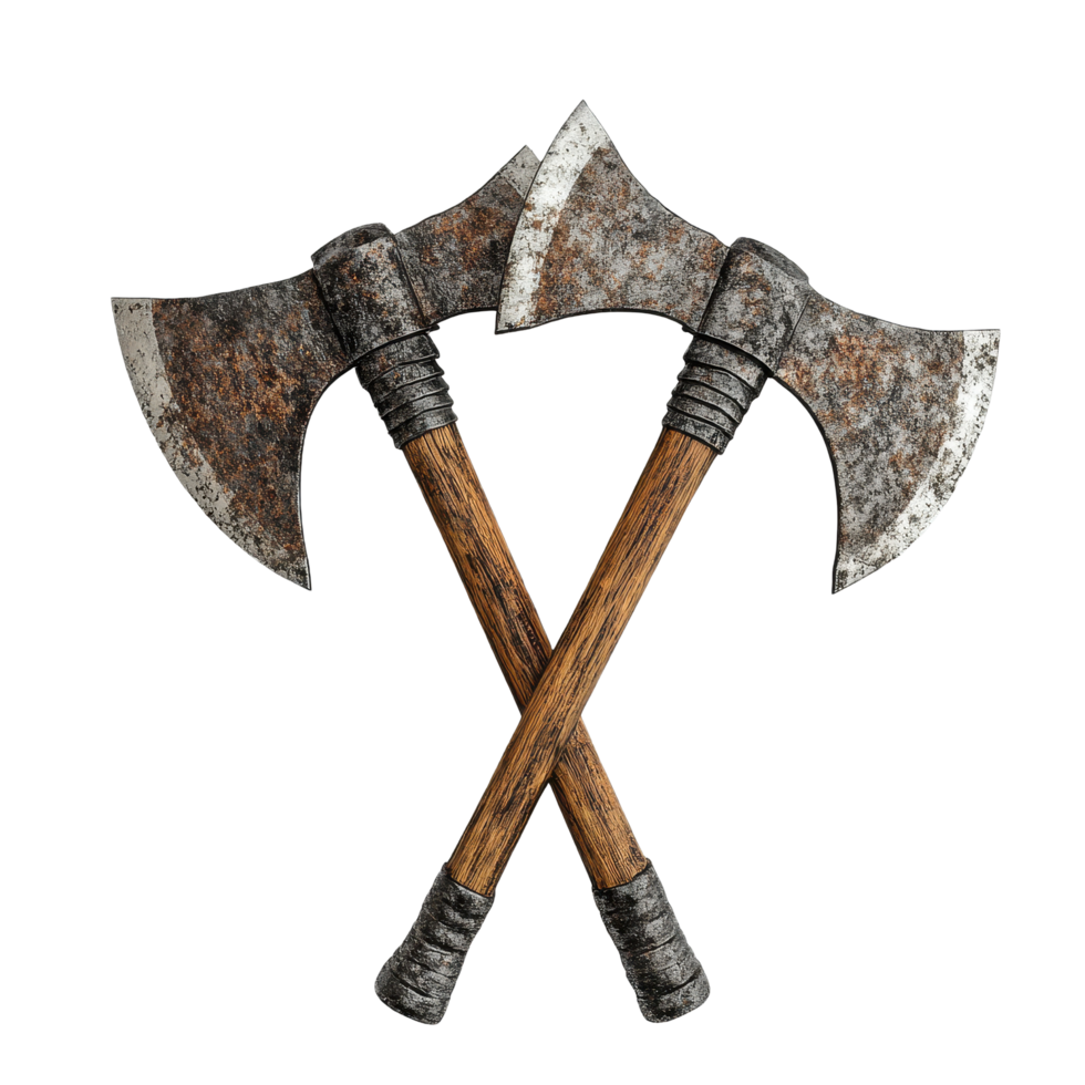 Medieval war axes crossed on a Transparent background showcasing historic weaponry craftsmanship, Medieval War Axes on background png