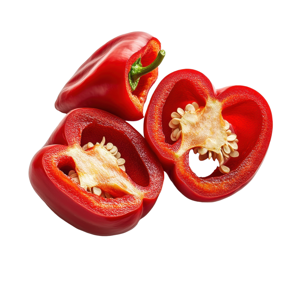 Freshly sliced red bell pepper revealing seeds on a clean Transparent background, slice red pepper on background png