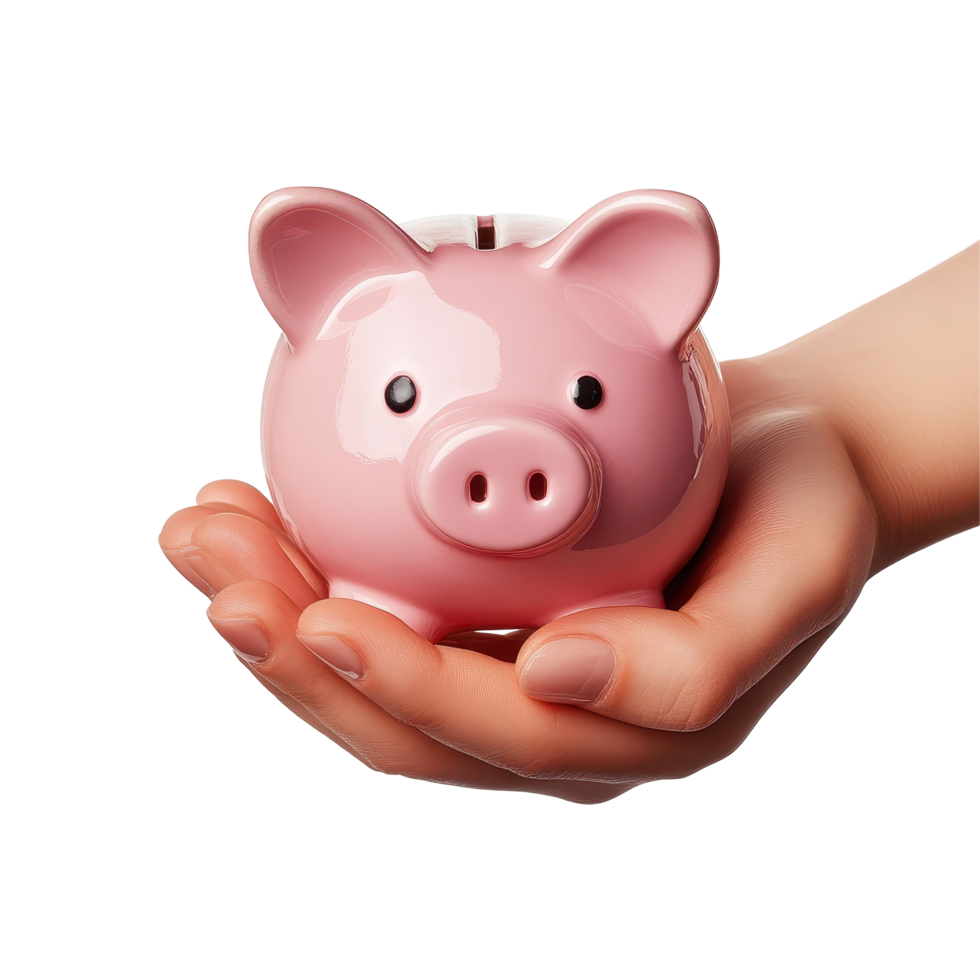Hand holds pink piggy bank on white background, perfect for saving money or budgeting themes, Hand holding pink piggy bank isolated on white background png
