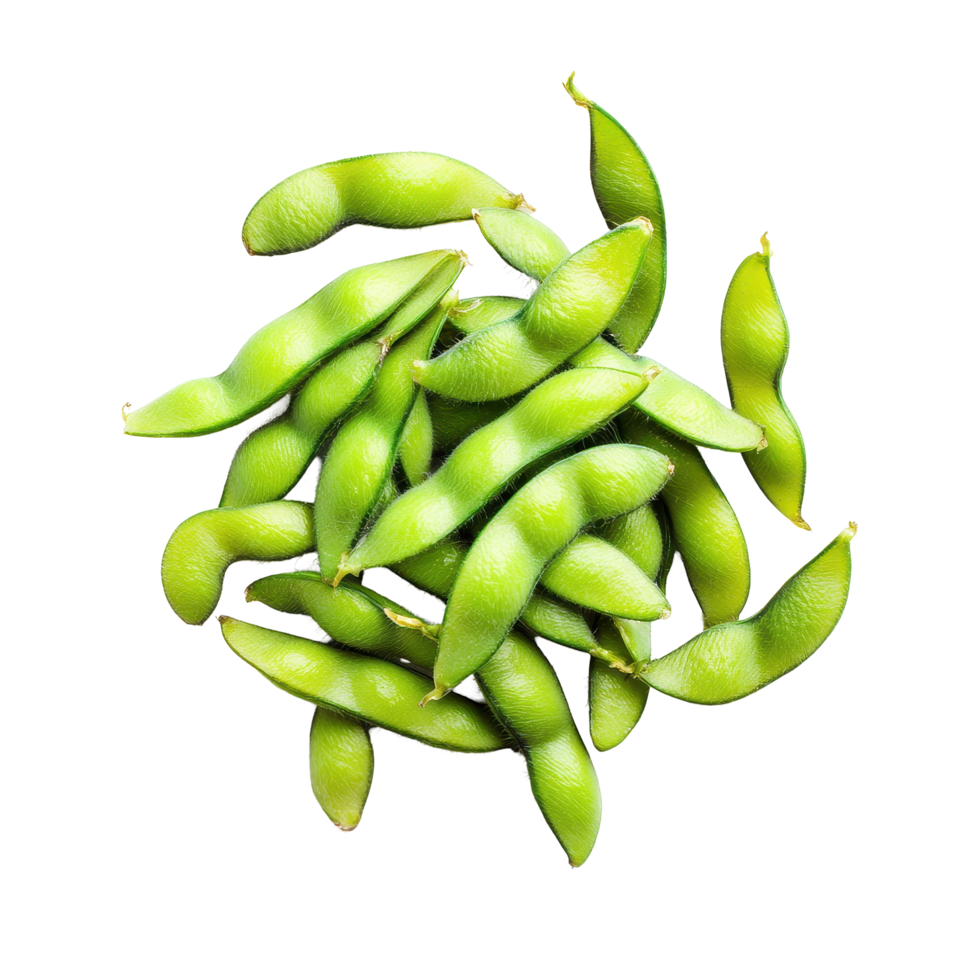 Fresh edamame soybeans displayed on a clean Transparent background for culinary presentation and nutritional showcase, edamame soy beans isolated on background png