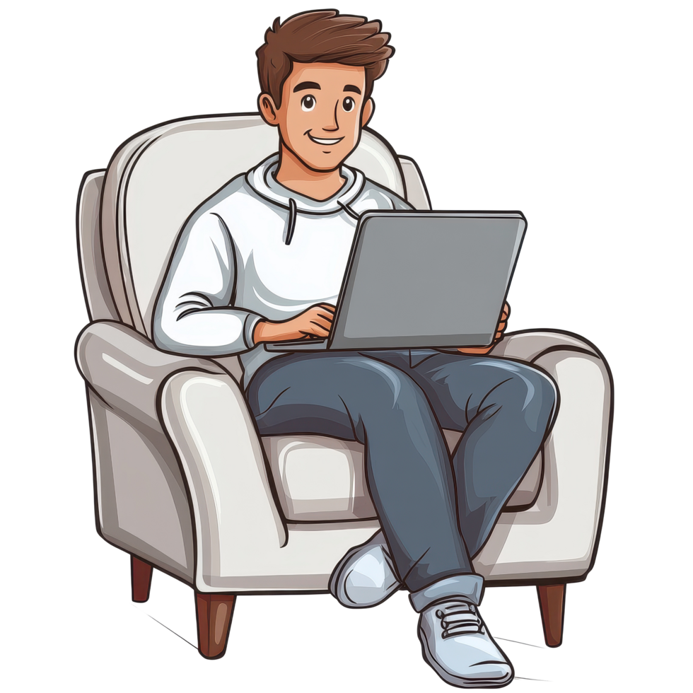 Cartoon man working on laptop while relaxing in cozy armchair at home during evening, Cartoon man with laptop sitting in sofa chair isolated on white background png