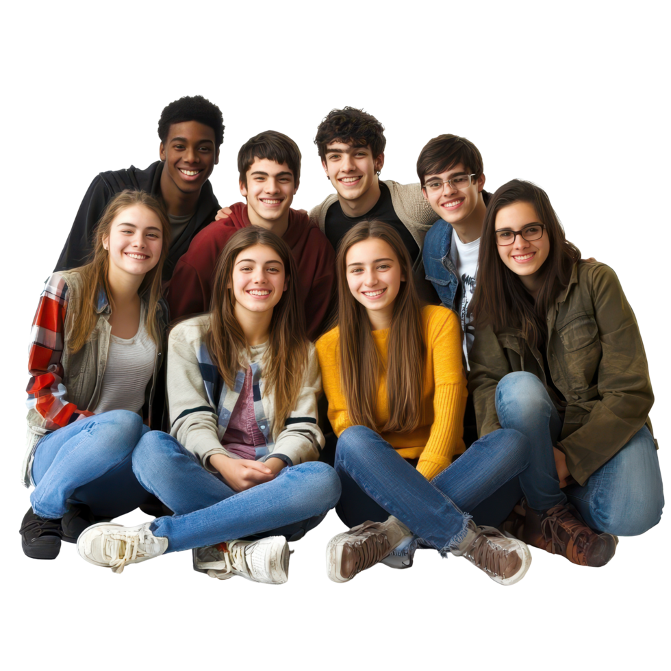 Group of students posing together in casual attire on a white background, Group students isolated on white png