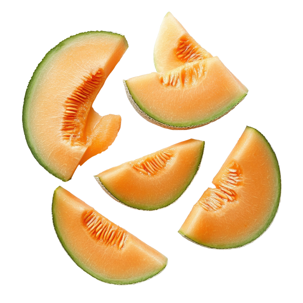 Cantaloupe melon slices arranged neatly on a white background showcasing vibrant colors and fresh texture, Cantaloupe melon slices isolated on white background png