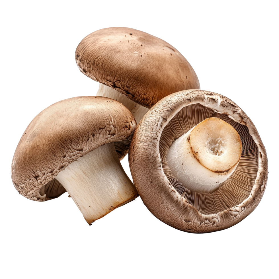 Fresh brown champignon mushrooms arranged for culinary preparation and presentation in the kitchen, Three brown champignons or portobello mushrooms isolated on Transparent background png