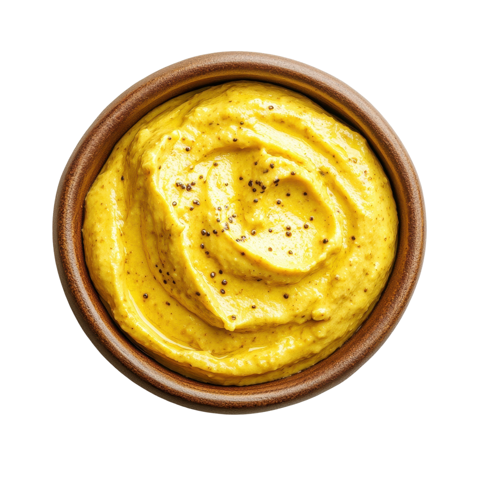 Mustard dip in a rustic bowl on a clean, Transparent background perfect for snacks and appetizers, mustard seeds in wood bowl isolated on background png