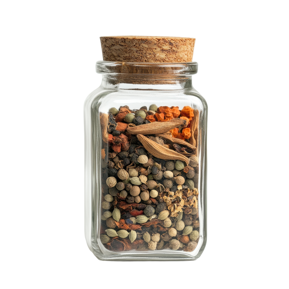 Glass spice jar filled with various spices against a Transparent background showcasing vibrant colors and textures, Clear Glass Spice Jar with Spices png