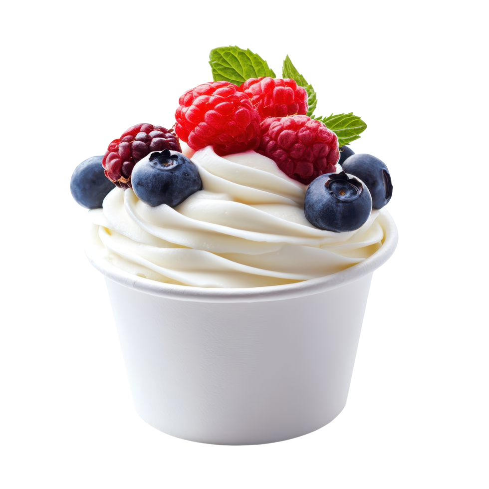 Delicious cup of creamy yoghurt topped with fresh raspberries, blueberries, and mint on a Transparent background, yoghurt in a cup isolated on background png