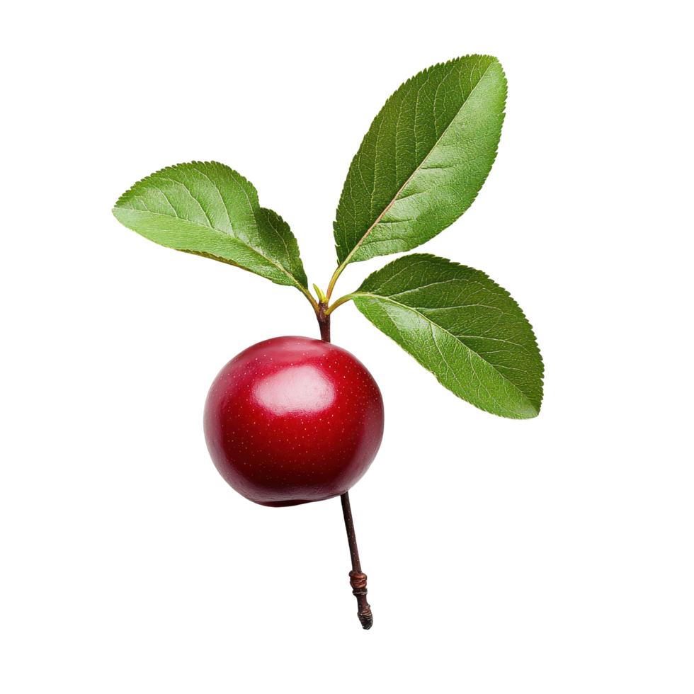 Fresh red cherry plum with green leaves isolated against a Transparent background, red cherry plum with green leaves isolated on background png