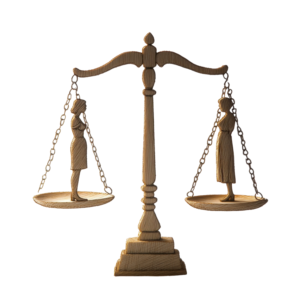 Statue of balanced scales featuring figures of man and woman, scale with a statue a woman and a man on it, Transparent background png