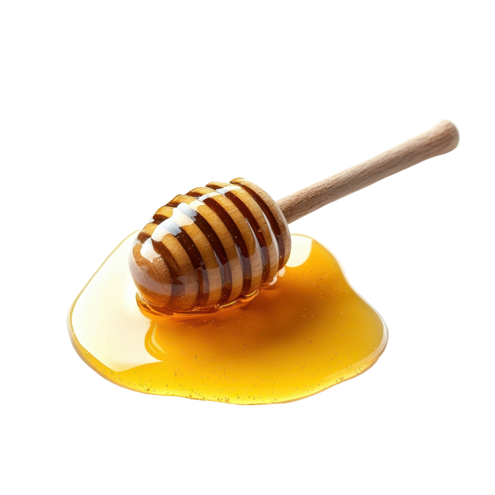 Honey with wooden dipper on a white background, showcasing its rich texture and color, Honey with wooden honey dipperisolated on white background png