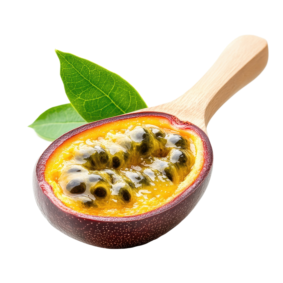 Fresh passion fruit in a wooden spoon with green leaves isolated on a Transparent background, passion fruit in wood spoon isolated on background png