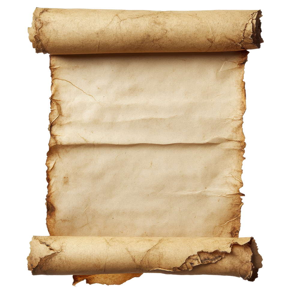 Old medieval parchment scroll isolated on Transparent background showcasing ancient paper texture and design, Old mediaeval paper sheet, parchment scroll isolated on background png
