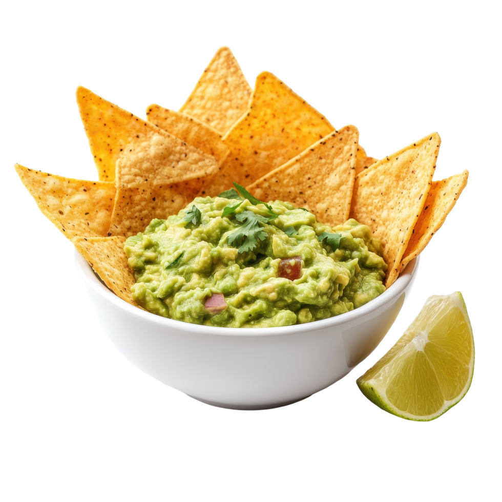 Guacamole bowl surrounded by crispy tortilla chips and a lime wedge on a bright background, Guacamole bowl with nachos tortilla chips isolated on white background png