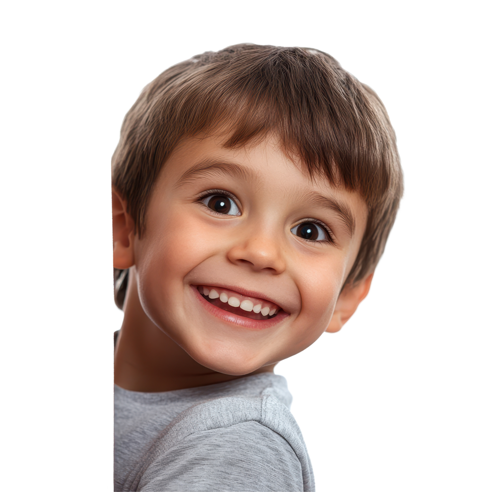 Happy young boy joyfully peeking around a corner with a playful smile and bright eyes, Happy young boy peeking around invisible object png