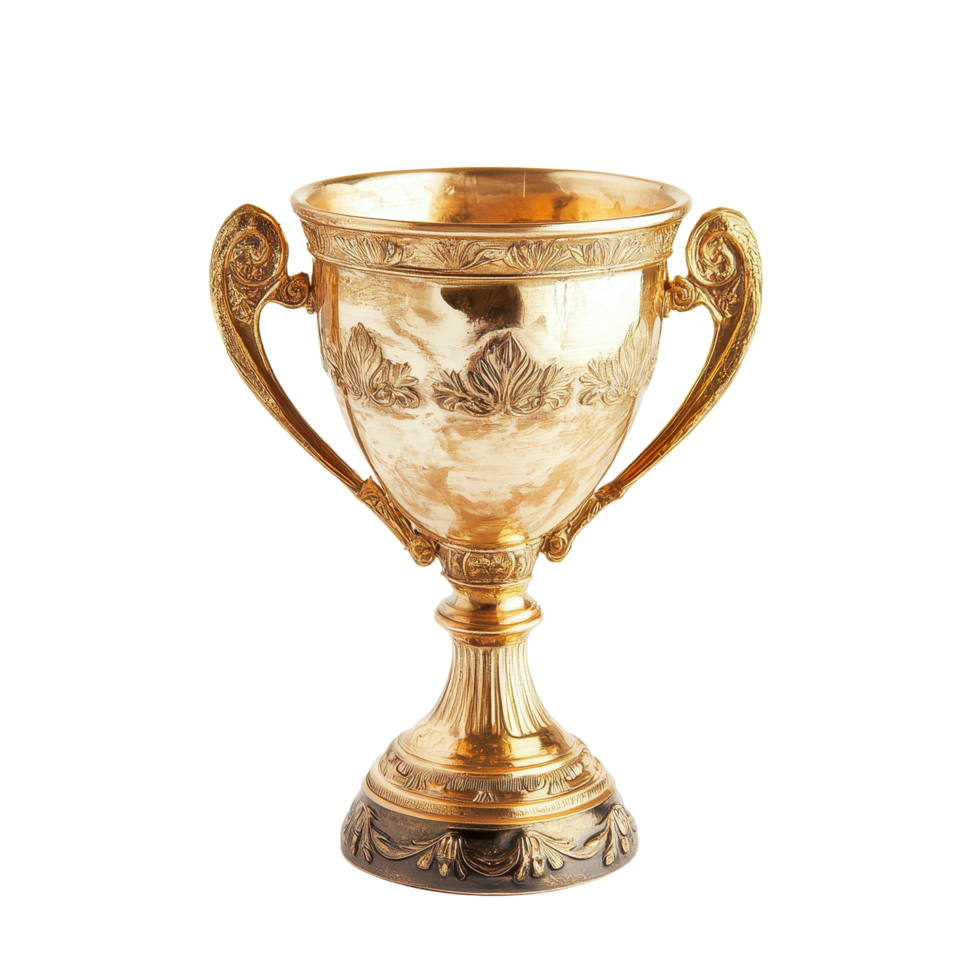 Golden trophy cup displayed on white background highlighting its intricate design and shiny surface, Golden trophy cup, Isolated on white png