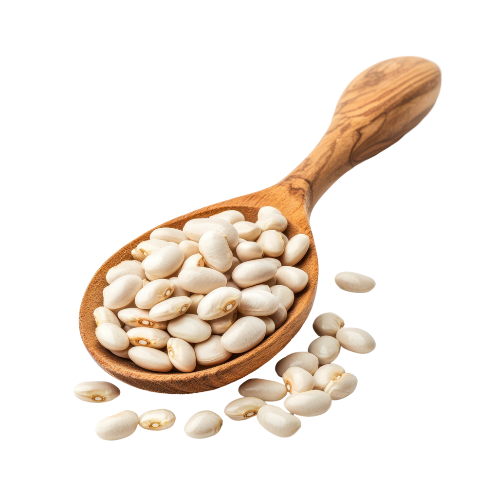White beans heaped in a wooden spoon on a clean white background, Heap of white beans in wood spoon isolated on white background png