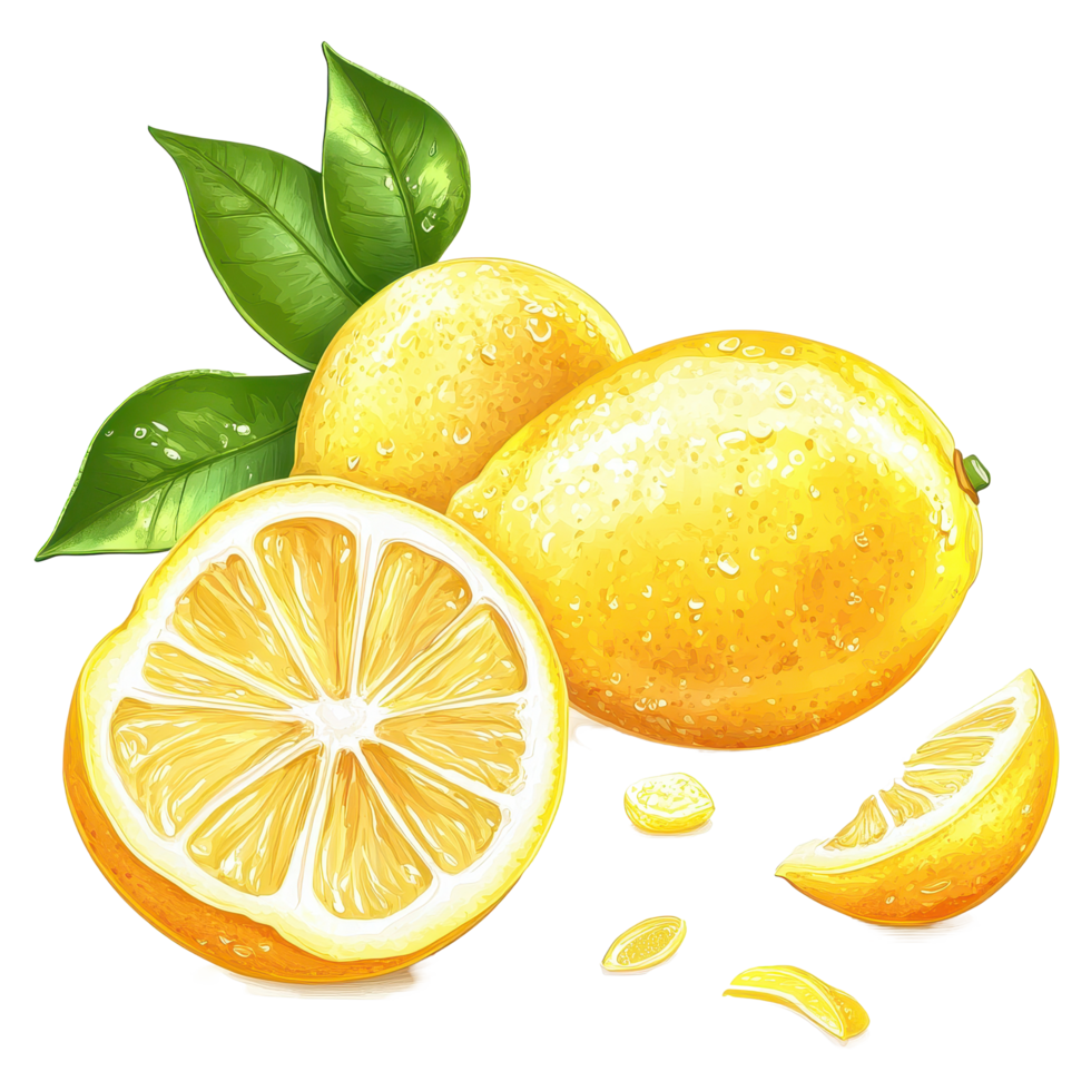Ripe lemon fruit with vibrant leaves and a fresh slice revealing juicy pulp, ripe lemon fruit with leaves, half and slice isolated, Fresh and Juicy Lemon White background png