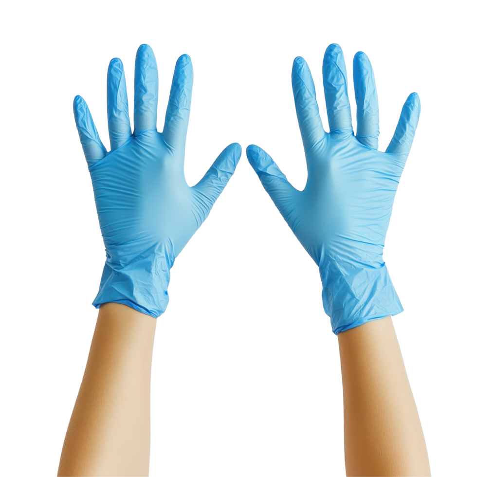Hands wearing blue medical gloves raised against a white background for hygiene demonstration, Hands Wearing Blue Medical Gloves on white background png