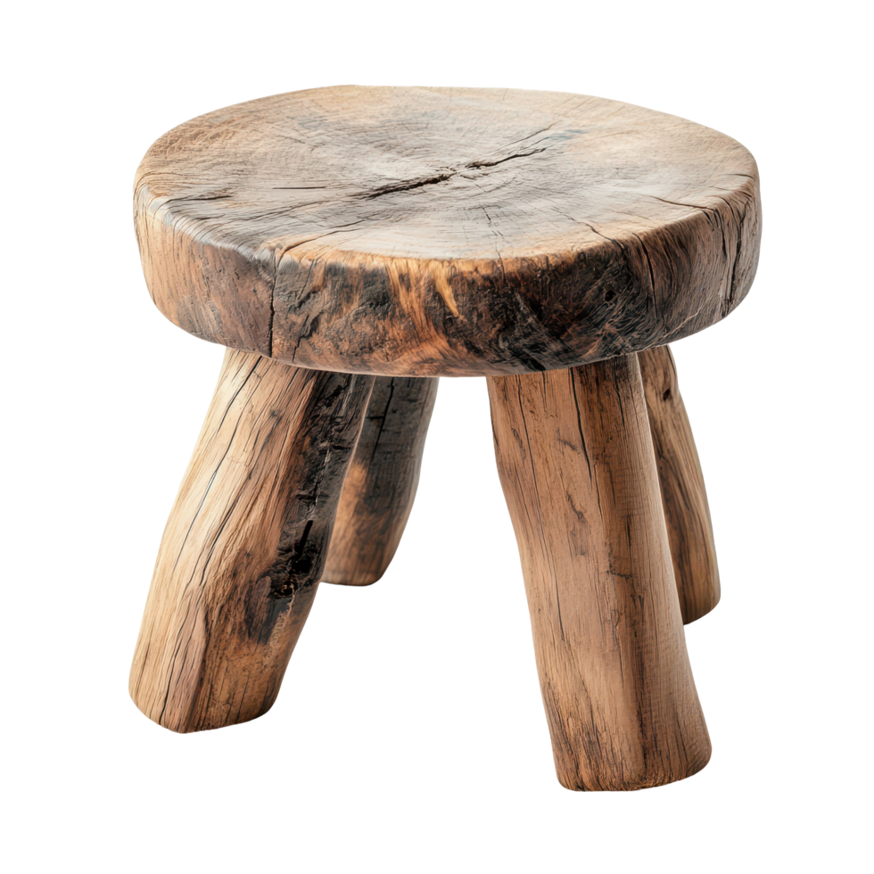 Unique wooden stool with rustic finish isolated against a bright Transparent background for home decor inspiration, Wooden stool isolated on background png